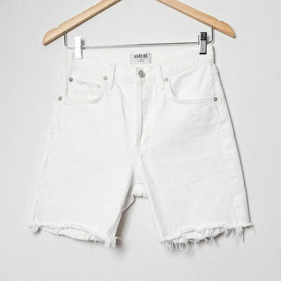 AGOLDE Rumi Shorts Oyster White Long Cut Off Bike Bermuda Denim Jean Aritzia 24 - Picture 9 of 12